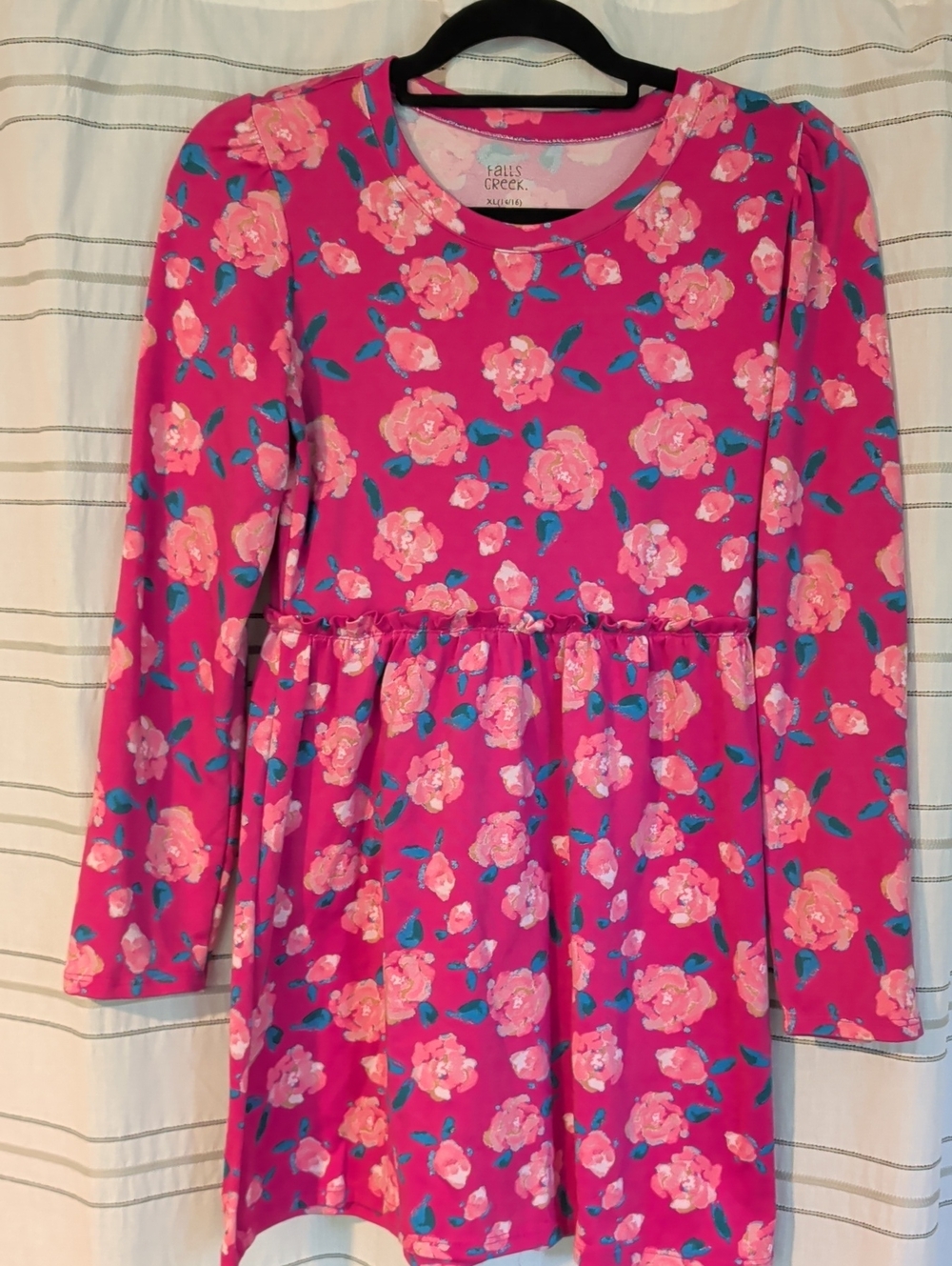 Falls Creek Bright Pink Floral Long-Sleeve Girls Dress